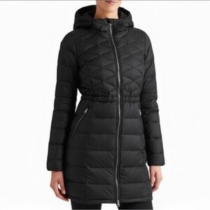 Athleta Chill Down Mid Length Quilted Down Filled Puffer Coat in Black